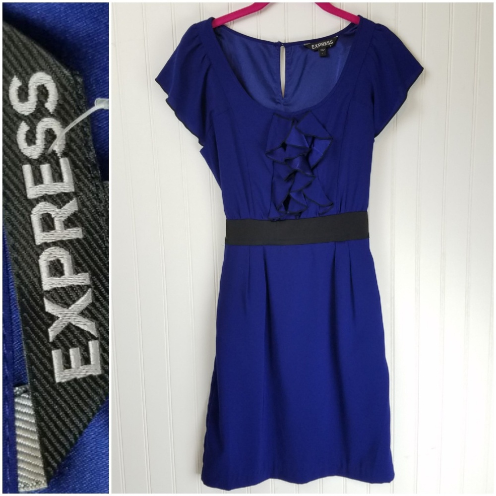 Express Royal Blue Dress Flutter Sleeves Tie Belt